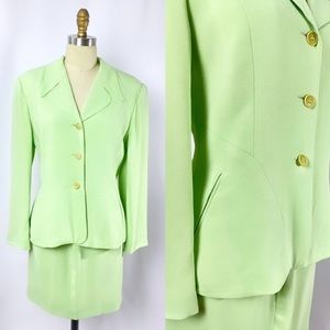 80s / 90s Vintage Skirt Suit w/ Mini Skirt + Blazer (Lime, size 12 but smaller)